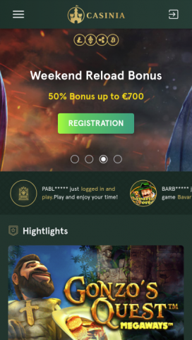 App Casinia Homepage